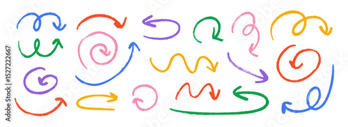 Hand drawn crayon wavy arrow collection. Color curved, wiggle and squiggle doodled arrows set. Charcoal sketch pointer and direction lines. Vector pastel pencil, chalk or marker brush stroke elements