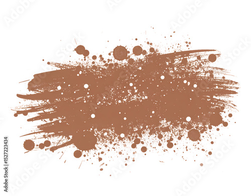 Abstract brown paint splash with scattered drops isolated on transparent background.. The image features a brushstroke-like design, evoking a sense of artistic expression.