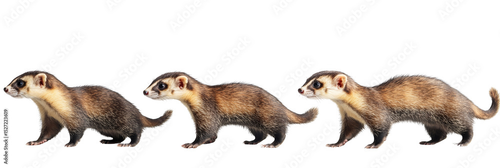 Obraz premium Three ferrets with brown and white fur, walking in a line facing left. Png, Transparent background.