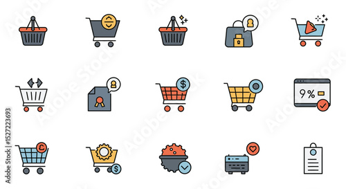 Colorful shopping cart and basket icons depicting online and offline purchasing processes.