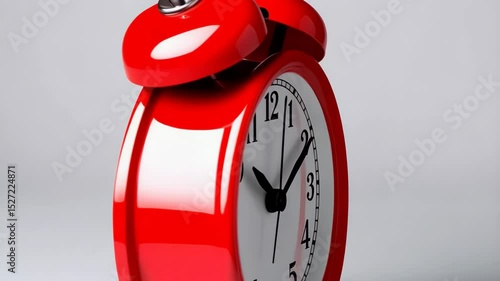 Classic red twin bell alarm clock showing ten minutes past ten o'clock on white background signifying time and reminders