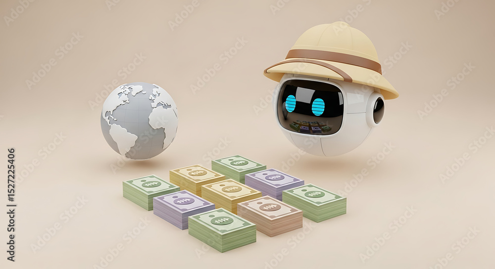 Fototapeta premium Global Financial Exploration with AI Robot Discovering Wealth Opportunities