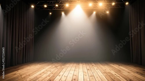 Wallpaper Mural Empty theater stage with wooden floor, black curtains, and bright spotlights, ready for a performance or event, creating a dramatic atmosphere Torontodigital.ca