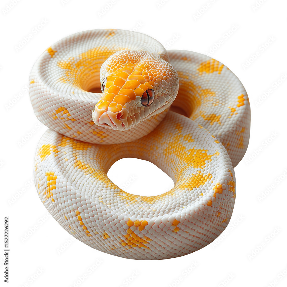 Fototapeta premium A coiled albino snake with distinctive yellow-orange markings and textured scales, showcasing its head and body in a striking pose. Png, Transparent background.