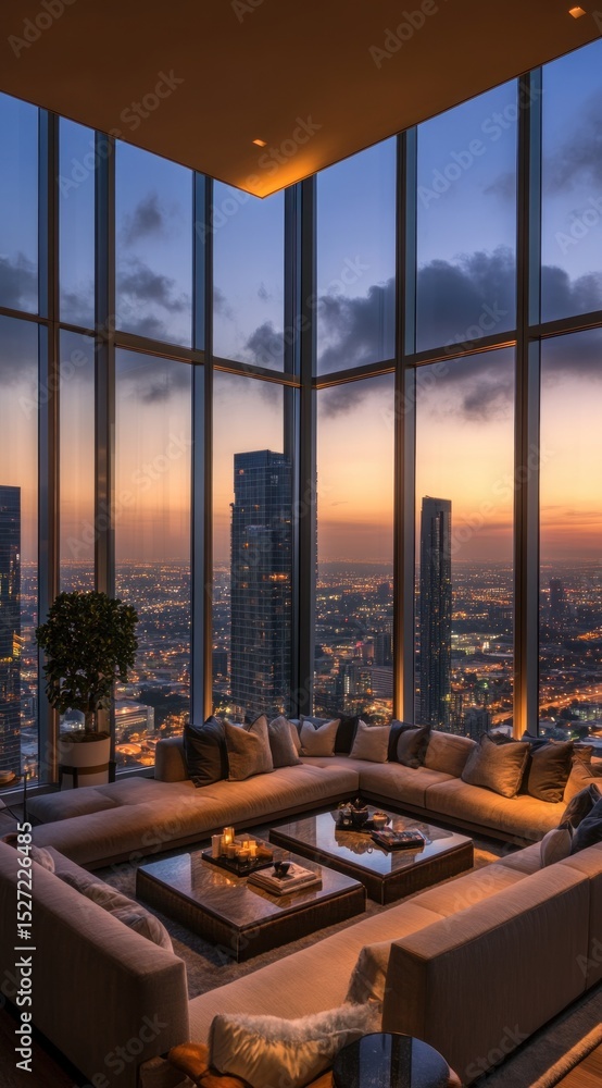 Fototapeta premium Luxury penthouse living room with city views