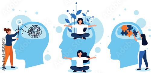 Mental health illustration set. Character with mental disorder fight against stress, depression, emotional burnout and other psychological problems.