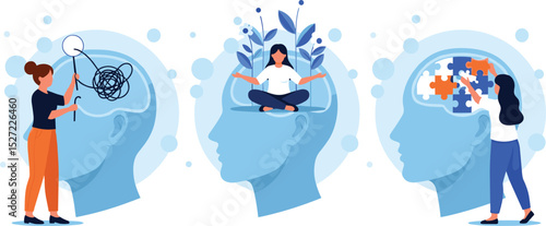Mental health illustration set. Character with mental disorder fight against stress, depression, emotional burnout and other psychological problems.