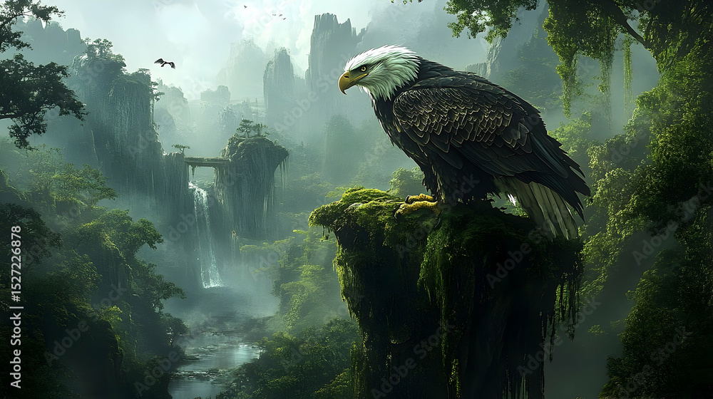 Fototapeta premium Majestic eagle perched atop a mossy cliff in a lush, misty forest valley.