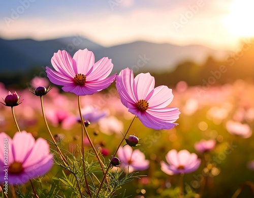 Pink cosmos flowers at sunset