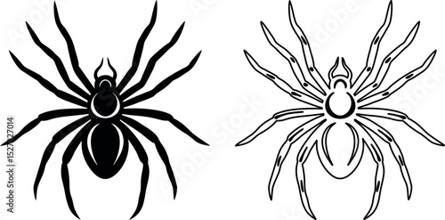 Spider illustration in black and white solid and outline versions
