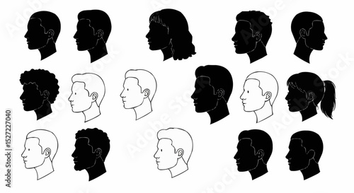 Collection of black vector women silhouettes in profile with various hairstyles and designs