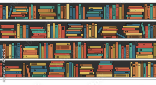 Old books neatly arranged on a wooden library bookshelf