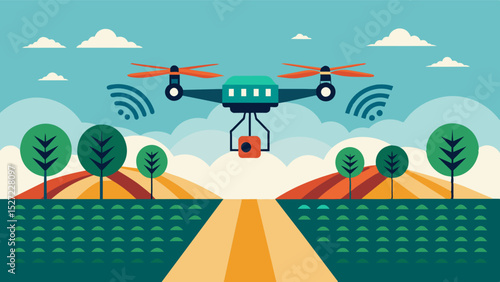 Automated drones equipped with sensors fly over the fields feeding data directly to the profitability tracking program for precise crop estimation.. Vector illustration