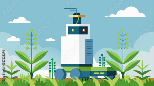 A robotic weed control system installed on the sides of a vertical farming tower using artificial intelligence and machine learning to identify and eradicate any weed growth. The. Vector illustration