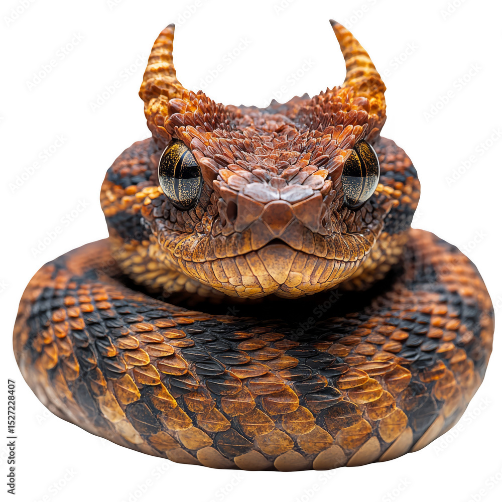 Fototapeta premium Close-up of a coiled horned viper with textured scales in shades of brown and orange, featuring prominent horn-like structures above its eyes and intricate patterning. Png, Transparent background.