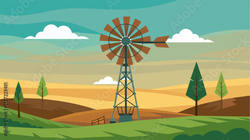 A forlorn windmill stands still against a backdrop of empty fields its blades no longer spinning and generating the power needed to keep the farm running.. Vector illustration