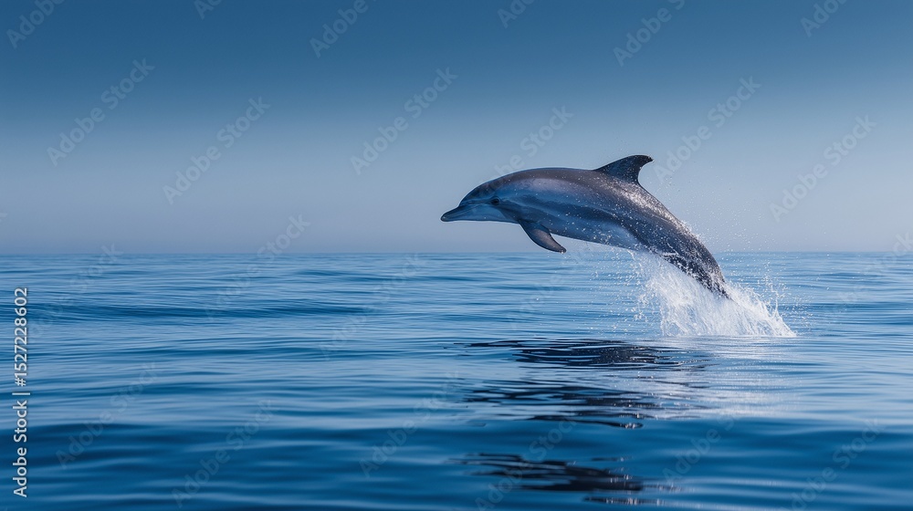 Fototapeta premium A dolphin leaps out of the blue ocean water against a clear sky, creating a splash