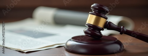 Media Law: Gavel on Newspapers and Press Freedom. Ideal for illustrating articles on media rights, journalistic responsibilities, or legal challenges in the publishing industry