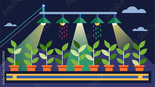 Advanced LED lighting systems that mimic natural sunlight and provide the exact spectrum of light needed for specific crops.. Vector illustration