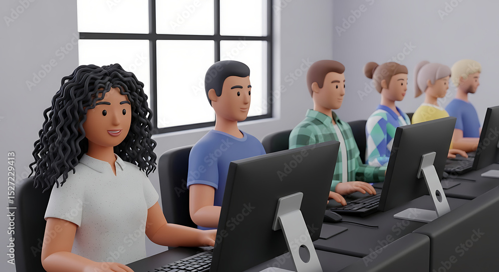 Diverse Group of 3D Cartoon Students or Professionals Working on Computers in a Modern Classroom
Diverse Group of 3D Cartoon Students or Professionals Working on Computers in a Modern Classroom