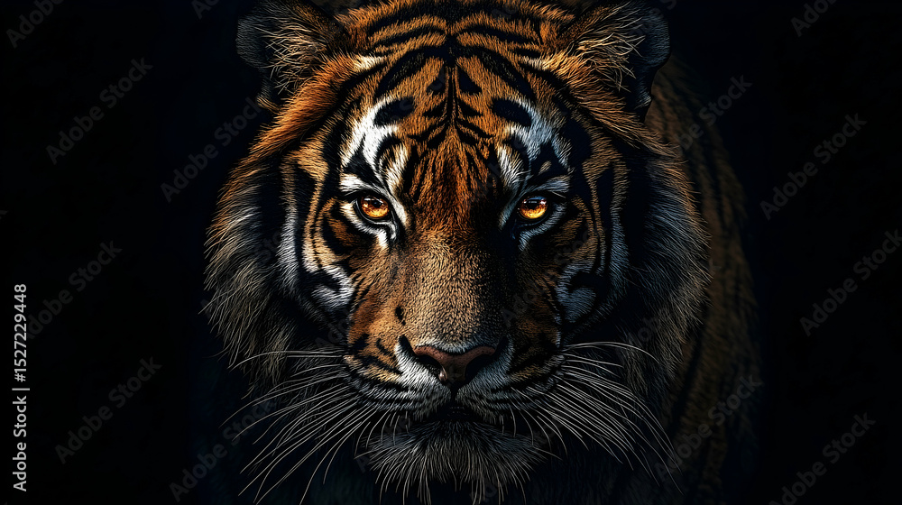 Fototapeta premium Close-up portrait of a tiger against a black background.