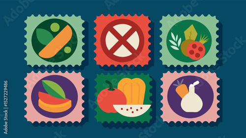 A series of stamps featuring different food items with some marked as banned or restricted due to economic sanctions highlighting the impact on peoples access to basic nutrition.. Vector illustration