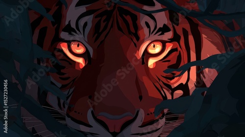 Close-up of a tiger's intense gaze in a dark forest.
