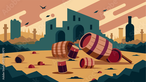 A oncepristine winery now lies in ruins with empty barrels tered ast the debris as a somber symbol of the destruction that climate change has brought to the industry.. Vector illustration