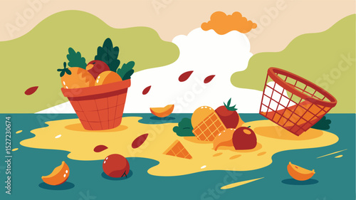 A drawing of upturned baskets and spilled es signifies the economic toll of a natural disaster on a local market.. Vector illustration
