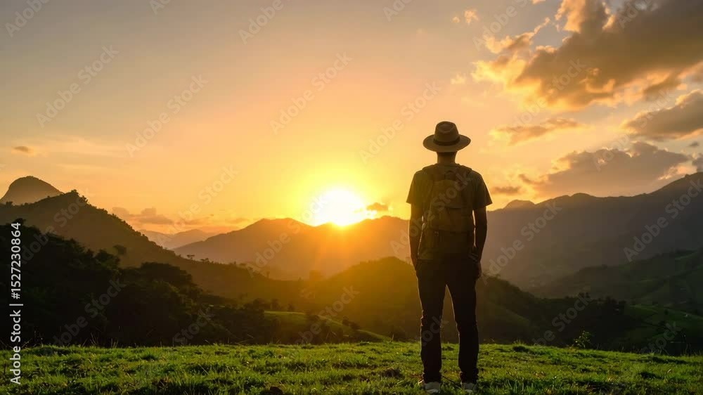 Man standing on a scenic hilltop overlooking a breathtaking landscape at golden hour light Man standing on a scenic hilltop overlooking a breathtaking landscape at golden hour light
