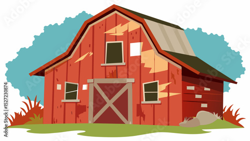 A collapsed barn its weathered wood and peeling paint no longer able to withstand the test of time is a visual representation of the decline of rural agricultural traditions.. Vector illustration