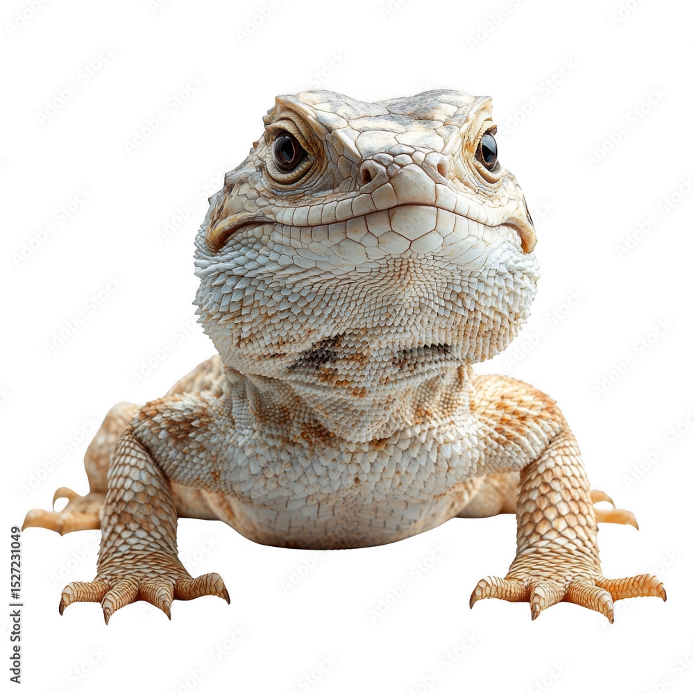 Obraz premium A detailed close-up of a lizard showcasing its textured skin, prominent eyes, and strong claws. Png, Transparent background.