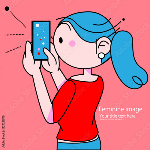 可愛い女性のちびキャラがスマホを見てるポーズ