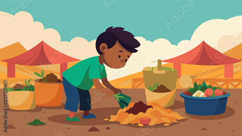 A child scavenges through the rubble of the market picking out scraps of food to take back to their family highlighting the dire food insecurity faced by many in the region.. Vector illustration