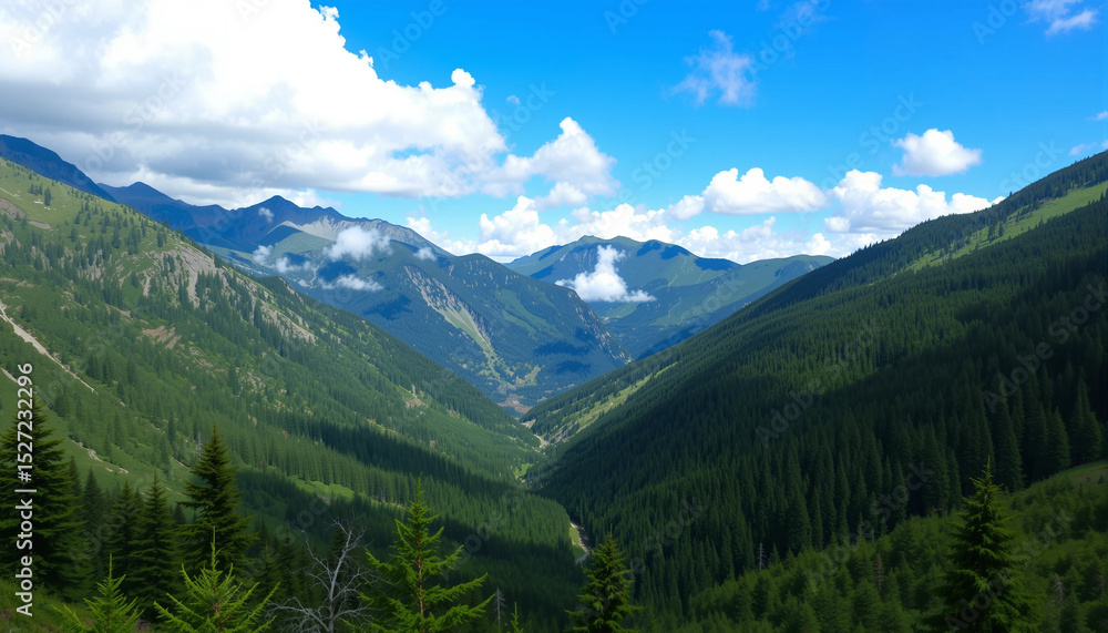 Fototapeta premium Mountain valley vista with lush green forests under a blue sky dotted with fluffy white clouds.
