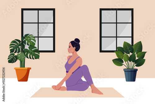 Vector illustration of  woman practicing yoga in the living room