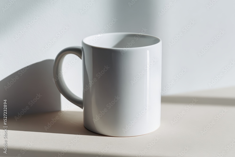 Fototapeta premium White ceramic mug with shadow on plain background
