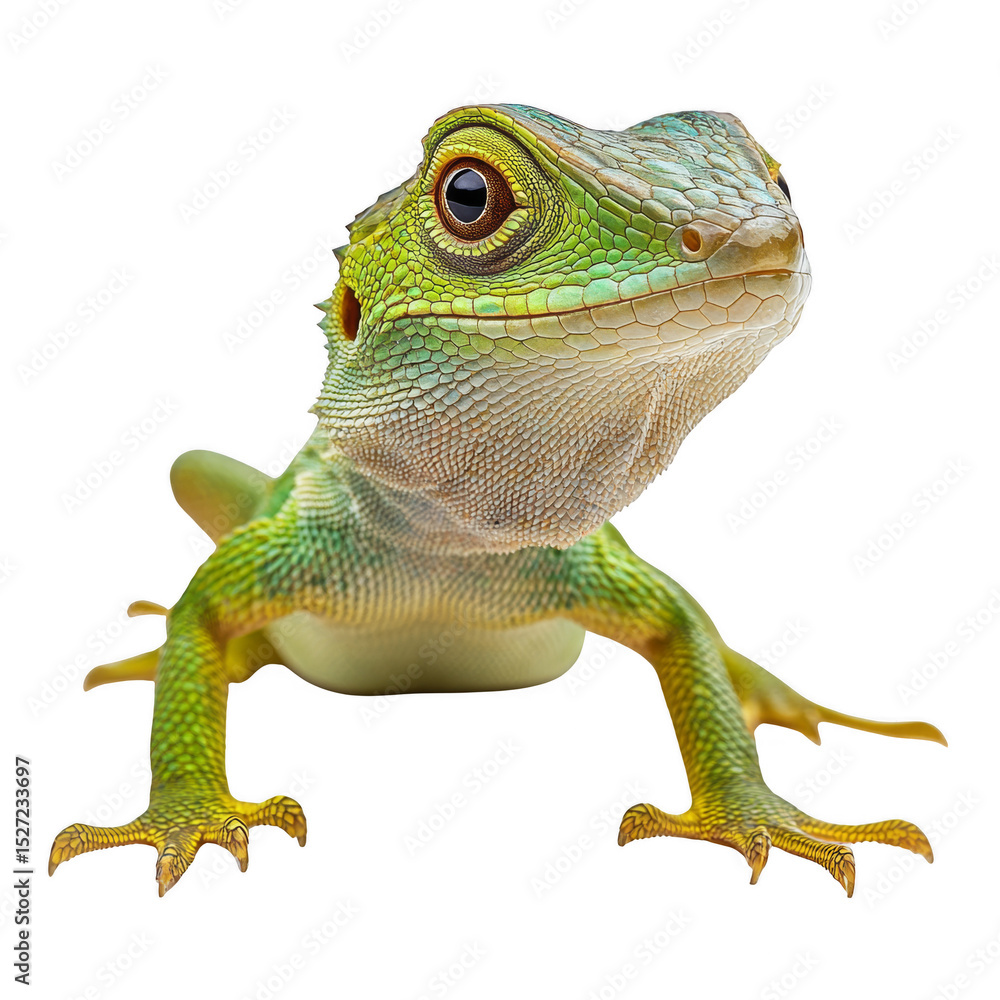 Fototapeta premium A close-up of a vibrant green lizard with intricate scales and expressive eyes, showcasing its unique features and colors. Png, Transparent background.