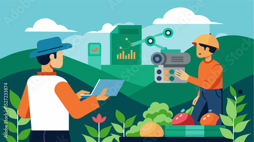 A virtual simulation program allows farmers to test out different robotic management systems in their nursery providing valuable data and insights for optimizing production.. Vector illustration
