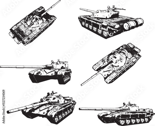 Tank Vector Illustration Set, Black and White Isolated on White Background.