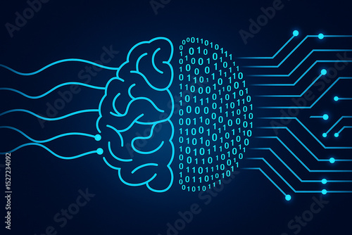 AI generated abstract brain divided into artistic left side and binary code right side symbolizing fusion of human creativity and artificial intelligence with neural circuits and data flow