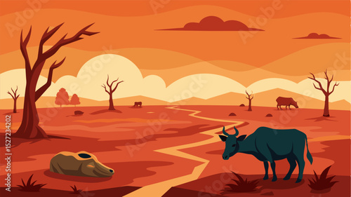 A desolate horizon heartbreaking scene of dead cattle and barren fields showcasing the devastating impact of famine.. Vector illustration