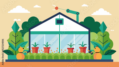 An illustration of an automated greenhouse with intelligent pest control systems installed providing the perfect environment for crops to grow without the risk of pest damage.. Vector illustration