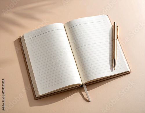 Minimalist top view of an open lined notebook with a golden pen on a neutral beige background, ideal for journaling, planning, or note-taking themes.