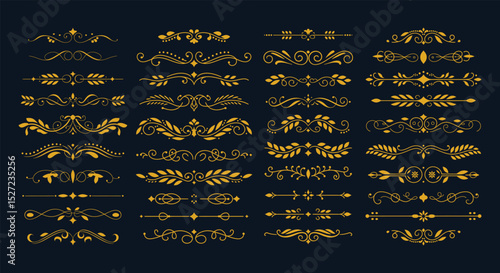 Luxurious Golden Flourish Dividers, An Exquisite Collection of Elegant Decorative Horizontal Border Ornaments, Perfect for Adding Vintage Charm and Sophistication to Any Design Project