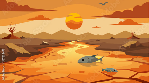 A thick layer of dried mud blankets the suncracked riverbed hard and unyielding under the unforgiving rays. The fish once vibrant and full of life now lie still and motionless. Vector illustration