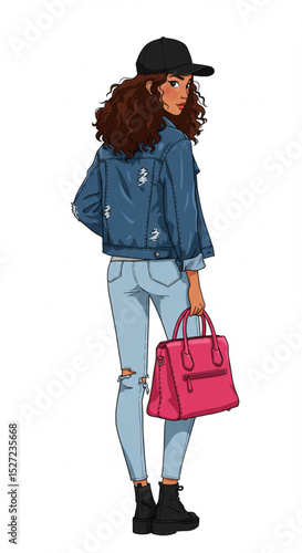 Back View Stylish Young Woman in Jeans and Cap Holding Handbag – Vector Illustration