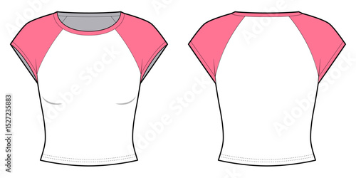 Color Contrast Slim Fit Short Sleeve Raglan T Round Neck- shirt- Front and Back View-Technical Illustration- CAD Vector illustration