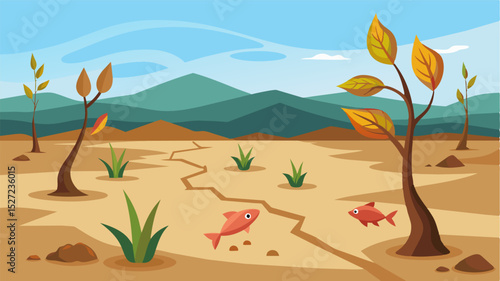 A few brave plants struggle to survive in the harsh conditions of the dry riverbed their wilted leaves a testament to the scarcity of water. The fish now only a memory of the. Vector illustration