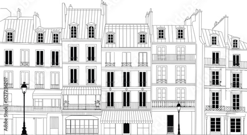 Elegant black and white illustration depicting classic parisian architecture with detailed building facades